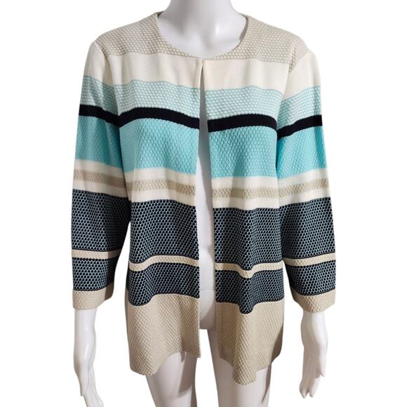 Misook Cardigan Jacket Womens Large Blue Brown Knit Colorblock Stripe Open Front - Picture 1 of 12